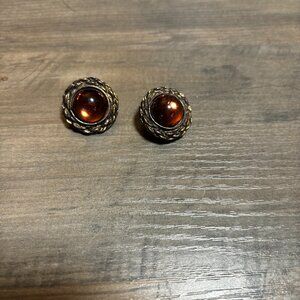 Ellen Designs clip earrings gold tone braid amber glass cabochon